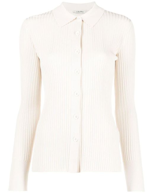 Max Mara White Buttoned-up Ribbed Polo Top