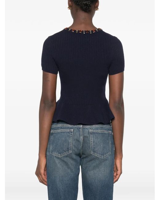 Sandro Blue Crystal-Embellished Short-Sleeve Top