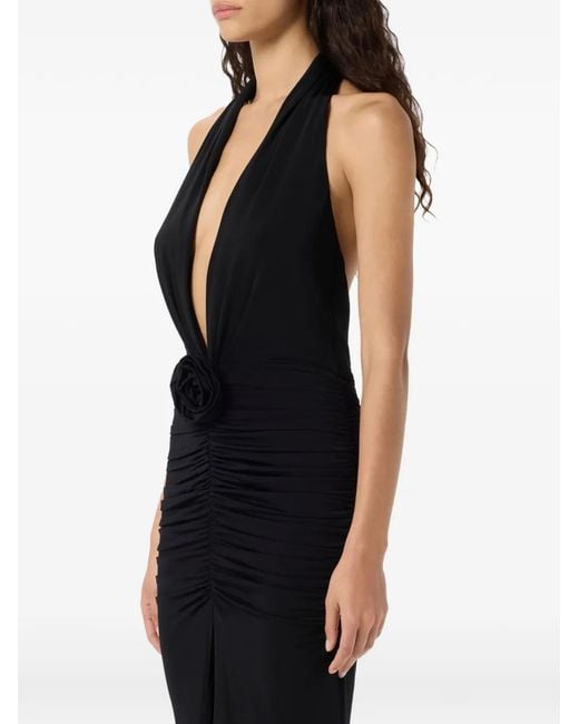 Blumarine Black Rose-Appliqué Halterneck Maxi Dress