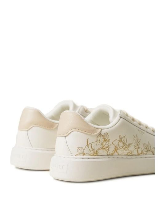 Twinset White Floral-Embroidery Lace-Up Leather Sneakers