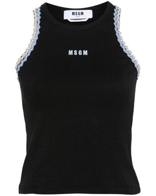 MSGM Black Ribbed T-Shirt With Applications