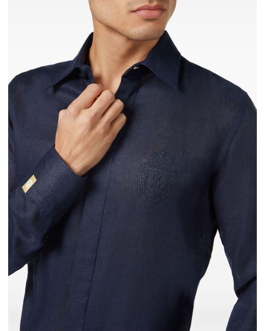 Billionaire Blue Logo-embroidered Linen Shirt for men