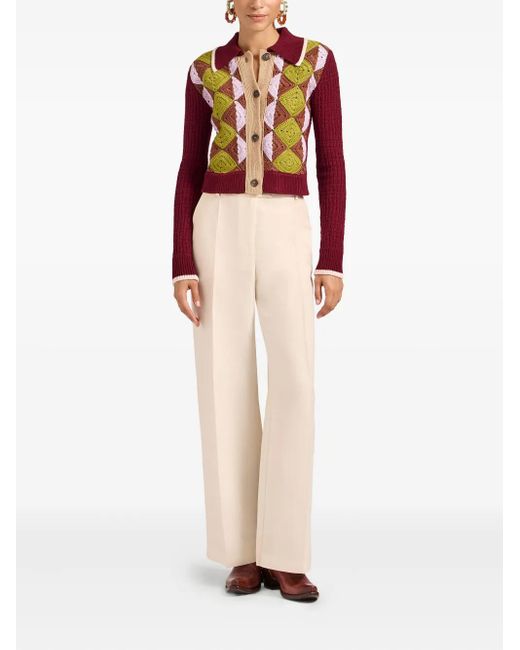 LaDoubleJ Red Crochet-Panel Button-Fastening Cardigan