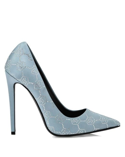 Philipp Plein Blue Satin Decollete Hi-Heels Monogram Strass