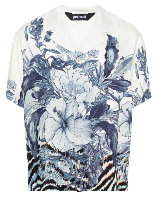 Just Cavalli Blue Floral-print Bowling Shirt for men