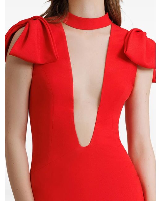 Gemy Maalouf Red Bow-Detail Plunge-Neck Dress