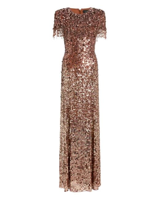 Jenny Packham Brown Eugenie Sequin Fringed Maxi Dress