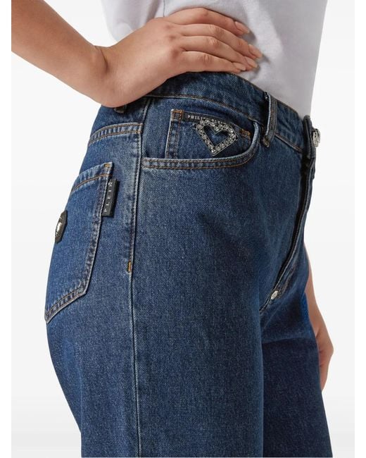 Philipp Plein Blue Heart Crystal-Embellished Tapered Jeans