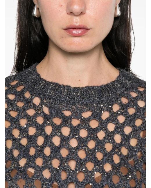 Brunello Cucinelli Black Open Strick Crewneck -Pullover