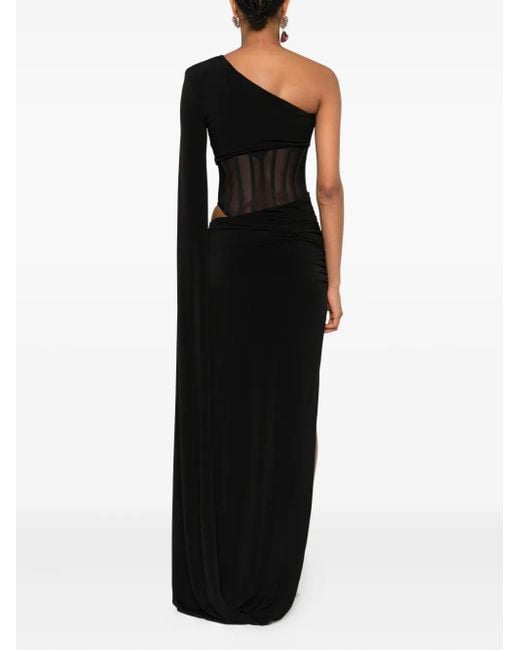 Nissa Black One-Shoulder Sheer-Insert Maxi Dress