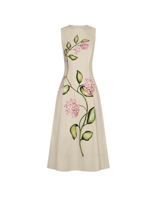 Oscar de la Renta White Porcelain Flower Cotton Poplin Sleeveless Dress