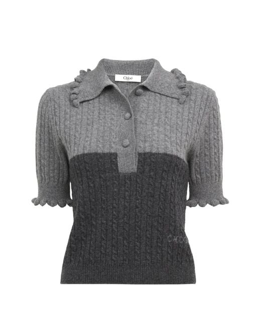 Chloé Gray Ruffled Cable-Knit Polo Top