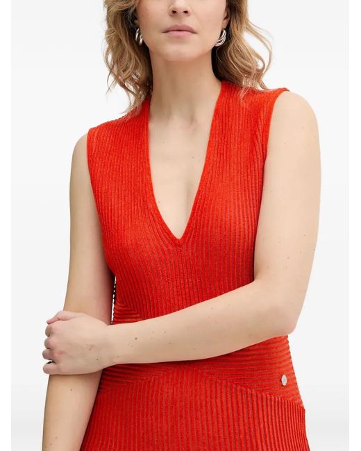 Karl Lagerfeld Red V-Neck Pleated Dress