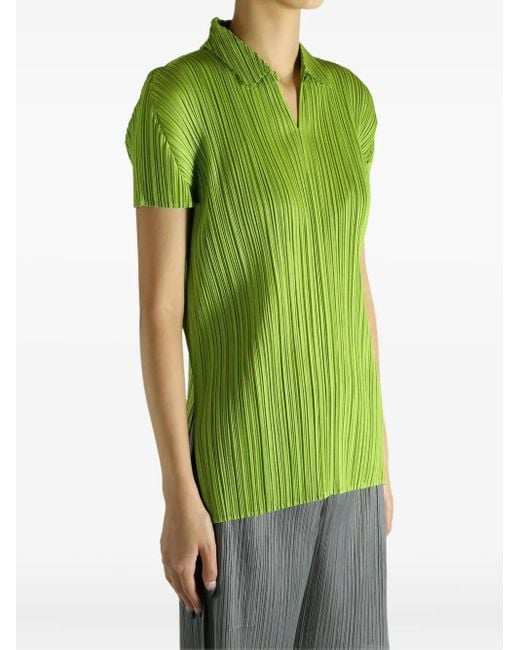 Pleats Please Issey Miyake Green August Pleated Polo Top