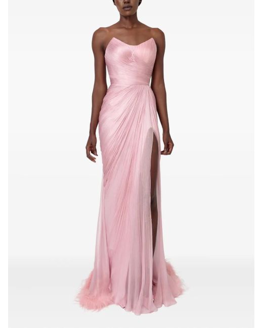 IRIS SERBAN Pink Mera Pleated Feather-Trimmed Gown