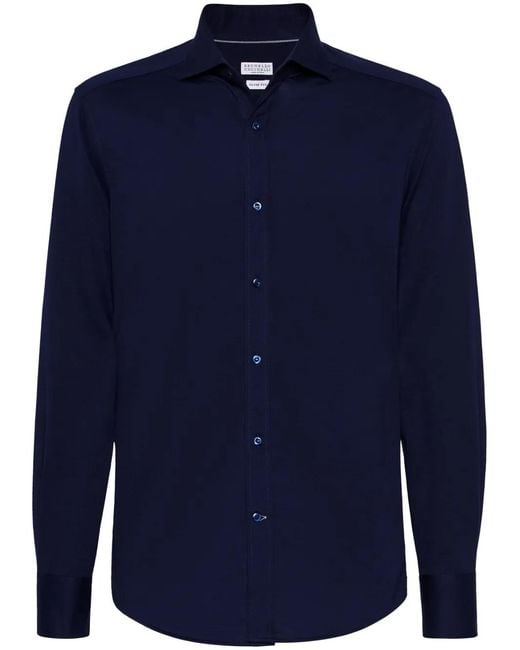 Brunello Cucinelli Blue Spread-Collar Cotton Shirt for men