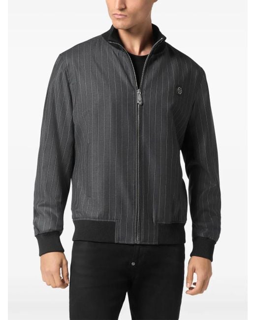 Philipp Plein Black Pinstriped Bomber Jacket for men