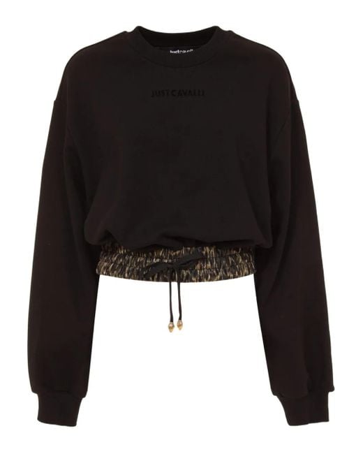 Just Cavalli Black Drawstring Leopard-Print Sweatshirt