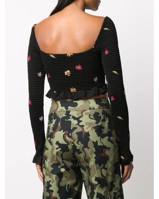 Off-White c/o Virgil Abloh Black Embroidered-Leaves Cropped Top