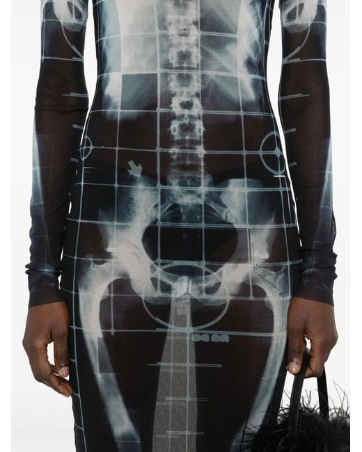 Jean Paul Gaultier Blue Skeleton-Print Long-Sleeves Woven Maxi Dress