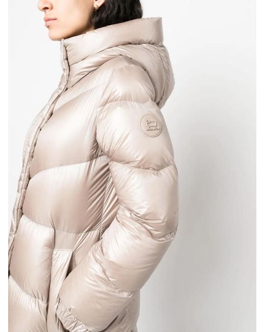 Woolrich Natural Logo-Patch Padded Hooded Coat