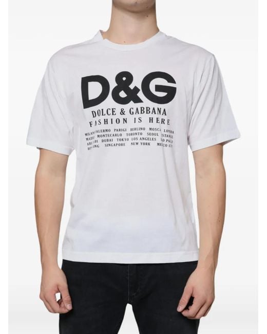 Dolce & Gabbana White Fashion Is Here Logo-Print T-Shirt for men