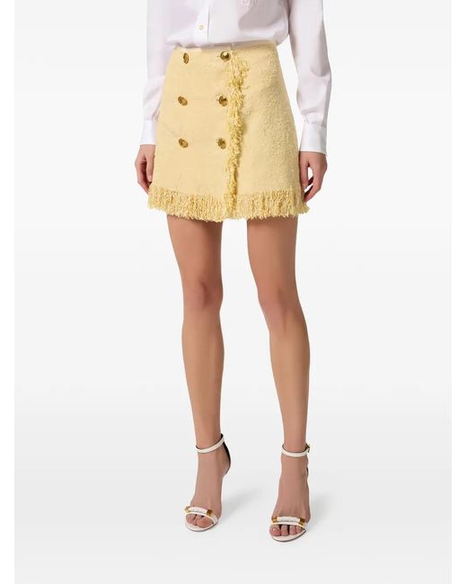 Elisabetta Franchi Natural Bouclé Fringed Button Mini Skirt