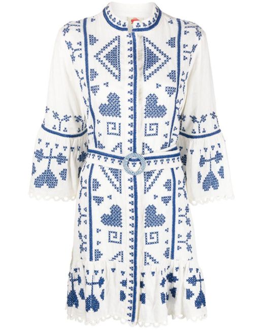 Farm Rio Blue Embroidered-design Belted Minidress