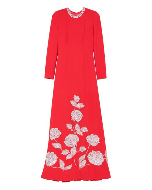 Dina Melwani Red Embellished-rose Maxi Dress
