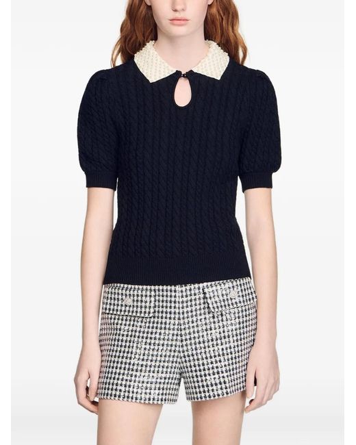 Sandro Black Detachable Collar Cable Knit Sweater