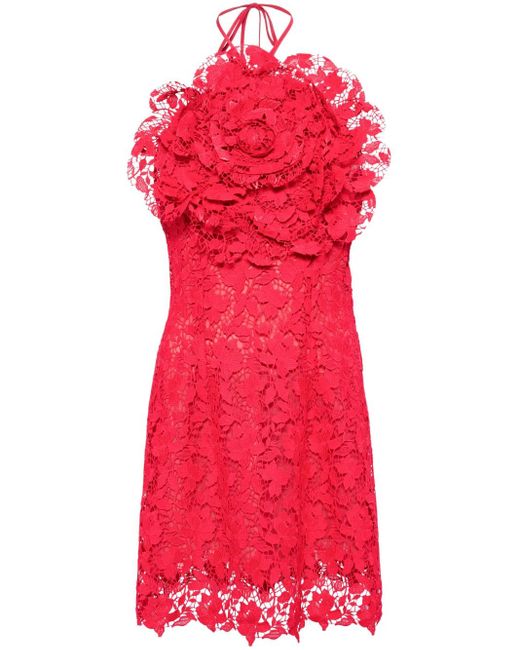 Oscar de la Renta Red Floral-Appliqué Lace Minidress