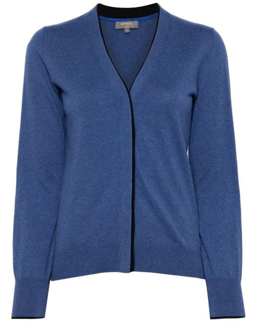 N.Peal Cashmere Blue Contrasting-border Cotton-cashmere Cardigan