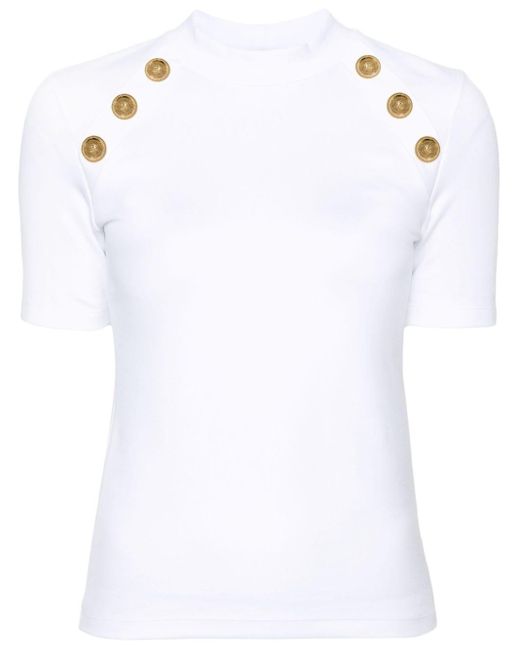 Balmain White T-Shirt mit Zierknöpfen