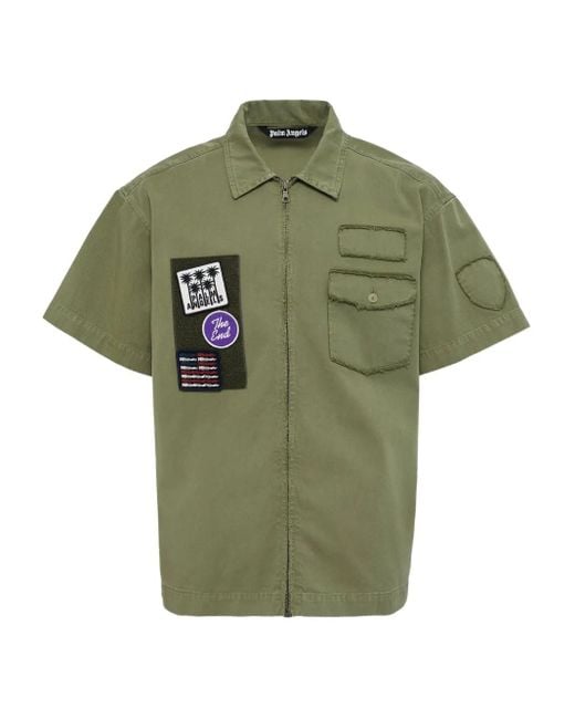 Palm Angels Green Patch-Detail Zip-Up Shirt for men