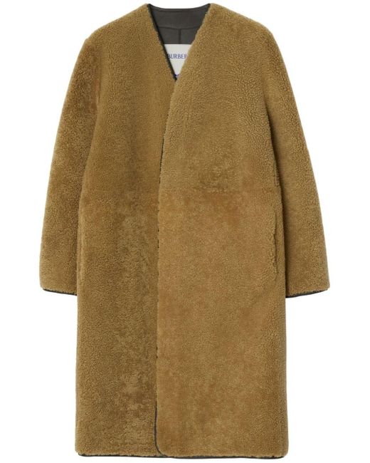 Burberry Natural Collarless Shearling Maxi Coat
