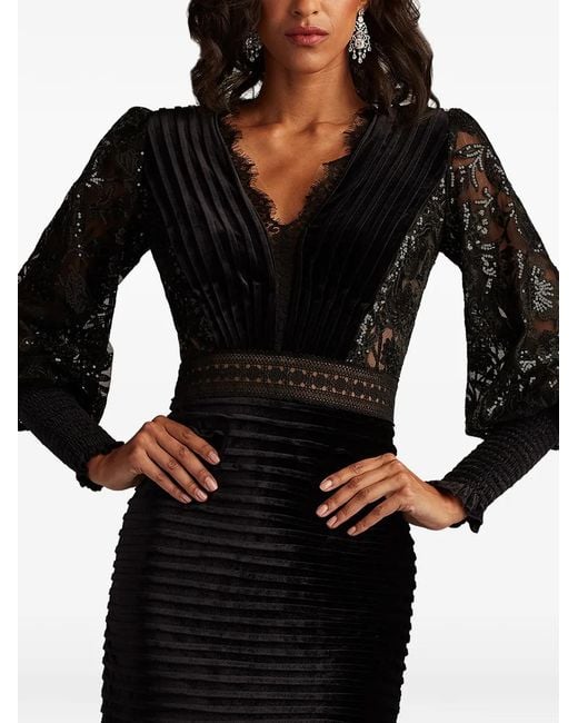 Tadashi Shoji Black Lace Pleated Midi Dress