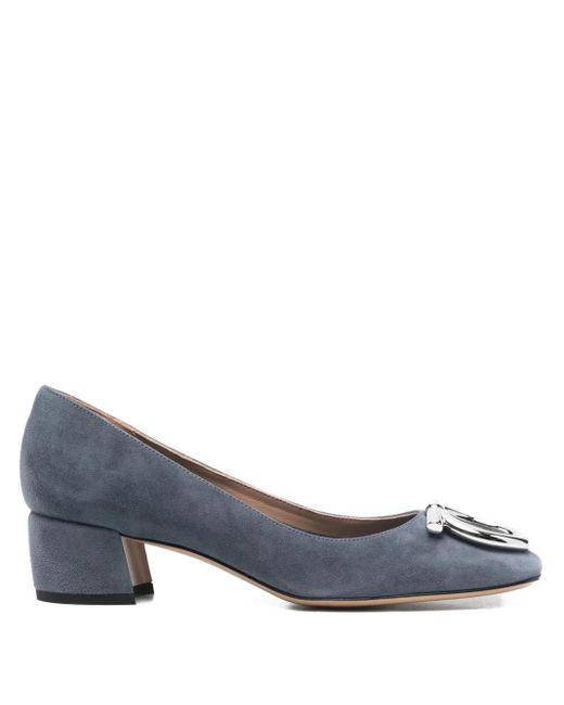 Ferragamo Blue 40Mm Logo-Buckle Block-Heel Pumps