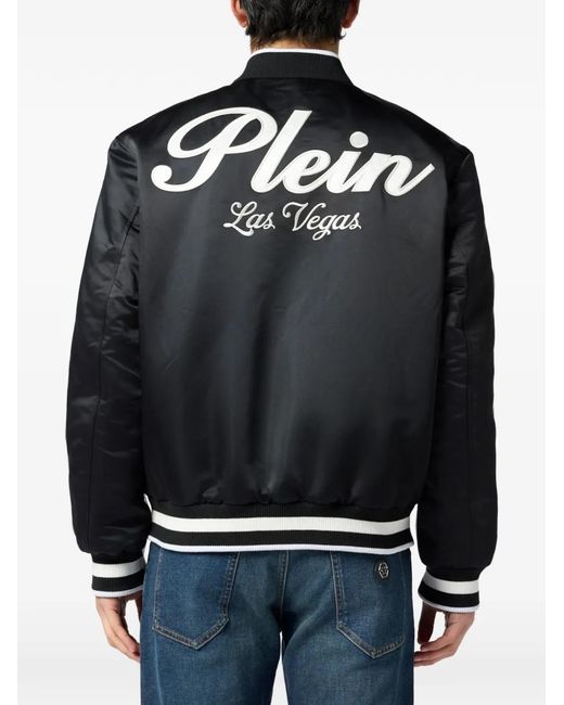 Philipp Plein Black Shiny Satin Varsity Bomber Signature Las Vegas for men