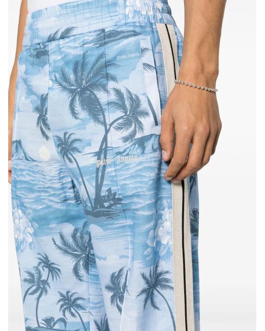 Palm Angels Blue Island-Print Straight-Leg Trousers for men