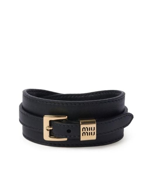 Bracelet en cuir à plaque logo Miu Miu en coloris Black