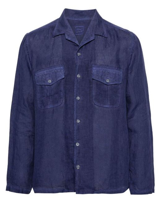 120% Lino Blue Notched-collar Linen Shirt for men