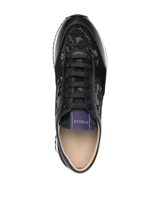 Le Silla Black Claire Lace-Embellished Leather Sneakers