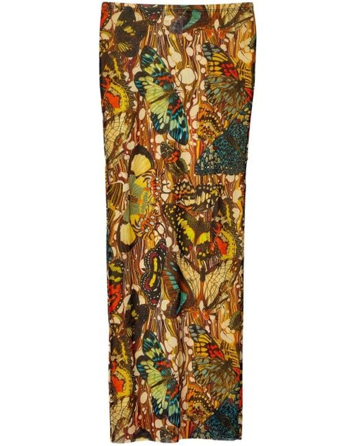 Jean Paul Gaultier Metallic Butterfly Print Mesh Long Skirt