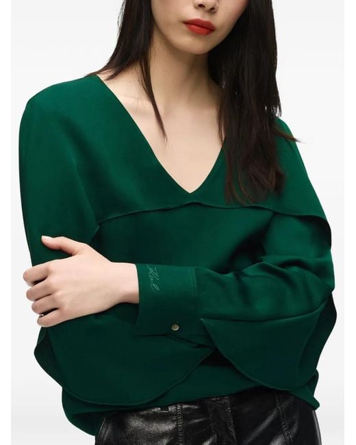 Karl Lagerfeld Green Blouse Volantée À Col V