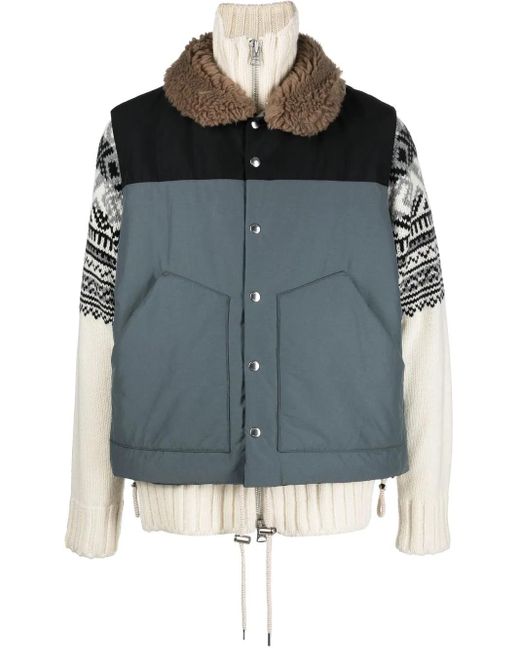 Sacai Blue Padded Shearling-Collar Jacket for men
