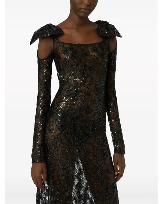 Nina Ricci Black Bow-Embellished Sequinned Lace Gown