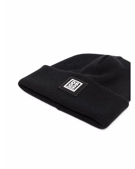 DSquared² Black Logo-Patch Knitted Beanie Hat for men