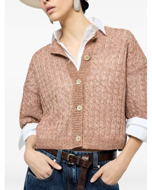 Brunello Cucinelli Brown Cable-Knit Openwork Cardigan