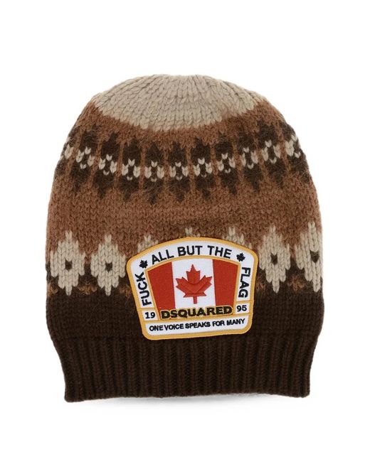 DSquared² Gray Canadian-Flag Knit Beanie for men