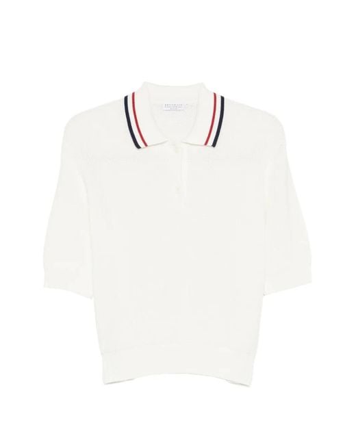 Brunello Cucinelli White Striped Collar Polo Top For All